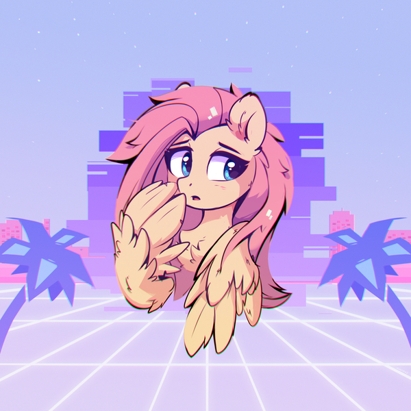 Size: 2000x2000 | Tagged: safe, artist:aureai, derpibooru import, fluttershy, pegasus, pony, abstract background, blushing, bust, chest fluff, chromatic aberration, covering mouth, cute, ear fluff, female, grid, looking away, looking back, looking sideways, mare, open mouth, palm tree, portrait, shyabetes, solo, synthwave, three quarter view, tree, vaporwave, wing fluff, wings