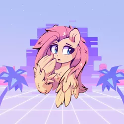 Size: 2000x2000 | Tagged: safe, artist:aureai, derpibooru import, fluttershy, pegasus, pony, abstract background, blushing, bust, chest fluff, chromatic aberration, covering mouth, cute, ear fluff, female, grid, looking away, looking back, looking sideways, mare, open mouth, palm tree, portrait, shyabetes, solo, synthwave, three quarter view, tree, vaporwave, wing fluff, wings
