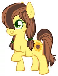 Size: 370x481 | Tagged: safe, artist:ashij, derpibooru import, oc, oc:sunflower, earth pony, pony, cute, cutie mark, female, filly, flower, pigtails, raised hoof, simple background, smiling, sunflower, sunflowerbetes, white background