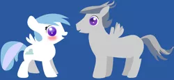 Size: 1677x769 | Tagged: safe, artist:wlyteth, derpibooru import, cotton cloudy, rumble, pegasus, pony, blank flank, blue background, blushing, cloud, colt, crush, cutie mark, female, filly, male, no pupils, open mouth, rumblecloudy, shipping, simple background, smiling, straight