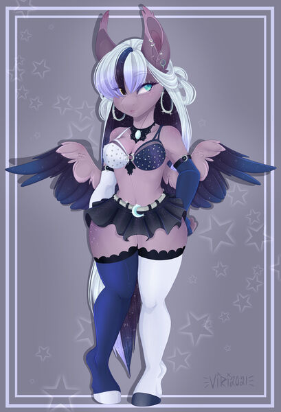 Size: 1920x2815 | Tagged: suggestive, artist:silent-shadow-wolf, derpibooru import, oc, oc:iris, anthro, pegasus, unguligrade anthro, bra, breasts, clothes, female, skirt, socks, solo, solo female, stockings, thigh highs, two toned wings, underwear, wings