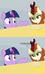 Size: 400x654 | Tagged: safe, derpibooru import, autumn blaze, twilight sparkle, kirin, pony, unicorn, alcohol, beer, dialogue, exploitable meme, glass, implied urine, kirin beer, meme, nervous, nervous sweat, pure unfiltered evil, smiling, spill, spilled drink, sweat, the tables have turned