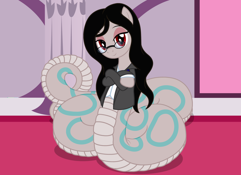 Size: 2826x2050 | Tagged: safe, artist:badumsquish, derpibooru import, oc, oc:lin guine, unofficial characters only, lamia, monster pony, original species, series:equestria and the world, business suit, clothes, coils, crossed hooves, eyeshadow, female, glasses, lapel pin, lidded eyes, long mane, looking at you, makeup, milf, palace, raised eyebrow, show accurate, smiling, solo, suit