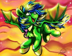 Size: 702x551 | Tagged: safe, artist:bittersweetworms, artist:torpy-ponius, artist:witchtaunter, derpibooru import, oc, oc:torpy, bat pony, pony, flying, sunset, wings