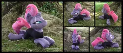 Size: 4057x1754 | Tagged: safe, artist:peruserofpieces, derpibooru import, tempest shadow, pony, unicorn, beanie (plushie), broken horn, clothes, female, grease (musical), horn, irl, looking at you, lying down, mare, olivia newton-john, photo, plushie, prone, scar, smiling, smiling at you, solo, spandex, sploot, tree