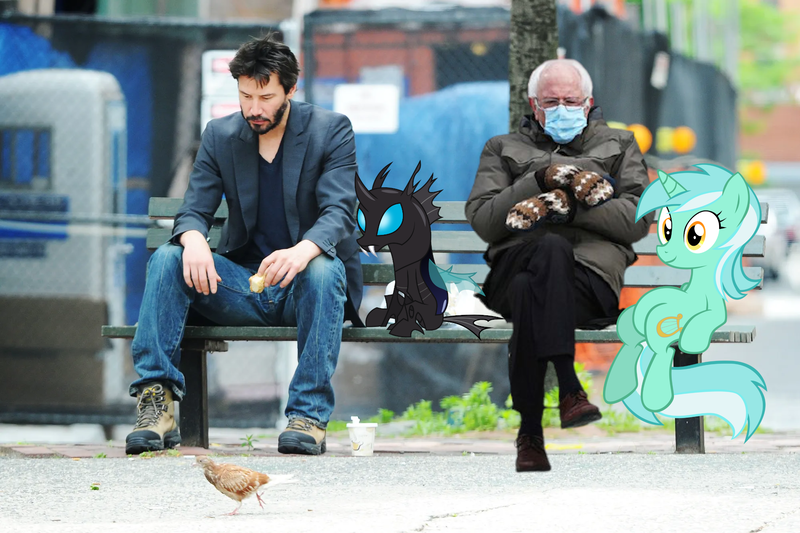 Size: 1998x1332 | Tagged: safe, derpibooru import, edit, kevin (changeling), lyra heartstrings, changeling, human, unicorn, bench, bernie sanders, irl, irl human, keanu reeves, meme, photo, sad keanu, sitting, sitting lyra