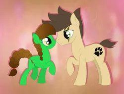 Size: 2564x1950 | Tagged: safe, artist:dyonys, derpibooru import, oc, oc:lucky brush, oc:night chaser, earth pony, pony, abstract background, boop, braid, cute, eye scar, female, freckles, height difference, luckychaser, male, mare, oc x oc, paw prints, scar, shipping, stallion