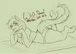 Size: 2006x1417 | Tagged: safe, artist:ero-bee, derpibooru import, anthro, earth pony, unguligrade anthro, clothes, epona, eyelashes, female, image, jpeg, lineart, looking at you, lying down, monochrome, signature, smiling, solo, the legend of zelda, underhoof, wp