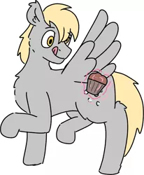 Size: 2387x2892 | Tagged: safe, artist:applejackofalltrades, derpibooru import, derpy hooves, pegasus, pony, cross-eyed, food, magic, magic aura, muffin, solo, tongue out, wings