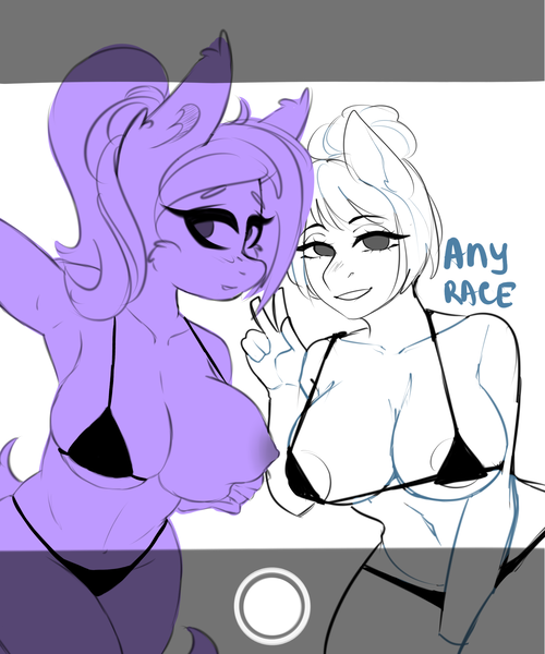Size: 2502x3000 | Tagged: questionable, artist:chucha, artist:cutejosuke, derpibooru import, oc, unofficial characters only, anthro, earth pony, areola, bikini, bikini bottom, bikini top, breasts, clothes, collaboration, commission, duo, duo female, earth pony oc, eyelashes, female, grope, image, nipples, nudity, peace sign, phone screen, png, self grope, selfie, smiling, swimsuit, your character here