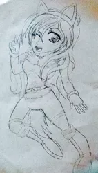Size: 499x876 | Tagged: safe, artist:juliet-gwolf18, derpibooru import, oc, oc:juliet, unofficial characters only, human, boots, clothes, fake ears, fake tail, female, humanized, one eye closed, open mouth, peace sign, shoes, smiling, solo, traditional art, wink