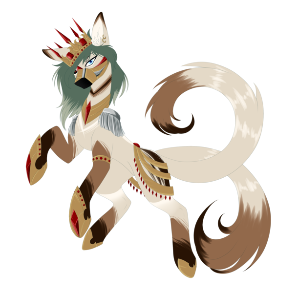 Size: 2680x2636 | Tagged: safe, artist:minelvi, derpibooru import, oc, unofficial characters only, earth pony, pony, crown, earth pony oc, face mask, hoof shoes, jewelry, mask, multiple tails, rearing, regalia, simple background, solo, transparent background