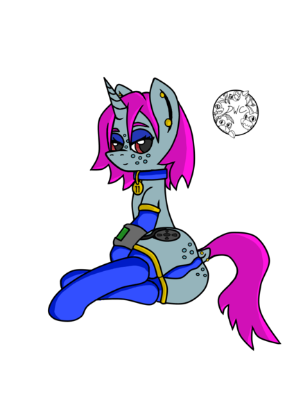 Size: 1000x1414 | Tagged: suggestive, artist:dice-warwick, derpibooru import, oc, oc:sea mist, pony, unicorn, fallout equestria, bedroom eyes, butt freckles, cameltoe, clothes, collar, digital art, dock, dock piercing, ear piercing, earring, freckles, jewelry, panties, piercing, pipbuck, presenting, raised tail, socks, solo, tail, thigh highs, underwear