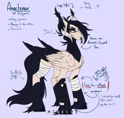 Size: 2553x2427 | Tagged: safe, artist:minelvi, derpibooru import, oc, unofficial characters only, demon, demon pony, original species, pony, bandage, bandaid, bust, chest fluff, duo, ear fluff, eyelashes, female, hoof fluff, hoof hold, horns, knife, makeup, reference sheet, simple background, smiling, two toned wings, wings