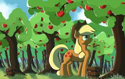 Size: 3440x2160 | Tagged: safe, artist:akuneanekokuro, derpibooru import, applejack, earth pony, pony, apple, apple tree, applejack's hat, cowboy hat, female, food, hat, mare, solo, tree