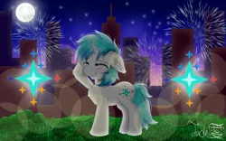 Size: 2500x1561 | Tagged: safe, artist:jadebreeze115, derpibooru import, oc, oc:winter light, unofficial characters only, pony, unicorn, blushing, city, cityscape, cute, cutie mark, eyes closed, fireworks, gift art, grass, grass field, grin, happy, male, night, shading, smiling, solo, stallion, sunset