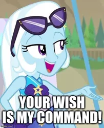 Size: 550x677 | Tagged: safe, derpibooru import, edit, edited screencap, screencap, trixie, human, equestria girls, equestria girls series, forgotten friendship, caption, clothes, forced meme, image macro, impact font, meme, open mouth, swimsuit, text