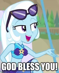 Size: 550x677 | Tagged: safe, derpibooru import, edit, edited screencap, screencap, trixie, human, equestria girls, equestria girls series, forgotten friendship, caption, clothes, female, forced meme, image macro, impact font, meme, open mouth, solo, swimsuit, text