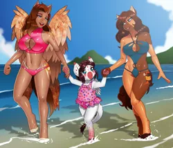 Size: 2378x2037 | Tagged: suggestive, artist:chacrawarrior, derpibooru import, oc, oc:ember rose, oc:firelight, oc:honeypot meadow, unofficial characters only, anthro, dracony, hybrid, pegasus, unguligrade anthro, absolute cleavage, adopted daughter, adopted offspring, anthro oc, beach, belly button, big breasts, blaze (coat marking), boob window, breasts, cleavage, clothes, cloud, commission, earth pony oc, family, fangs, female, freckles, gift art, happy, heterochromia, holding hands, image, leonine tail, lesbian couple, mother and child, mother and daughter, one-piece swimsuit, pegasus oc, png, sky, slit eyes, smiling, swimsuit, walking, water, wings