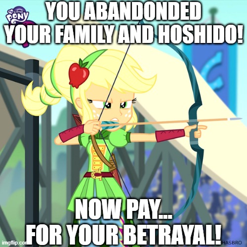 Size: 500x500 | Tagged: safe, derpibooru import, edit, edited screencap, screencap, applejack, equestria girls, friendship games, alternate hairstyle, archery clothes, arrow, bow (weapon), bow and arrow, caption, fire emblem, fire emblem fates, image macro, imgflip, impact font, meme, solo, takumi, text, weapon