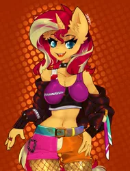Size: 777x1024 | Tagged: safe, artist:siripim111, derpibooru import, sunset shimmer, anthro, unicorn, equestria girls, belly button, breasts, busty sunset shimmer, choker, cleavage, ear fluff, female, hand on hip, jewelry, open mouth, ring, solo, spiked choker