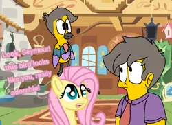 Size: 768x558 | Tagged: safe, artist:haileykitty69, derpibooru import, fluttershy, bird, human, pegasus, crossover, crossover shipping, fluttermour, seymour skinner, shipping, story included, the simpsons