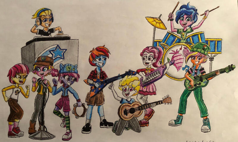 Size: 1024x612 | Tagged: safe, artist:bozzerkazooers, derpibooru import, ace, clover (g1), half note (g1), lancer, melody, patch (g1), sweet notes, sweetheart, equestria girls, my little pony tales, acoustic guitar, backup singers, band, bass guitar, clothes, converse, drums, electric guitar, equestria girls-ified, g1, guitar, keytar, logan barrington, musical instrument, rockin' beats, shoes, singing, tambourine, turntable