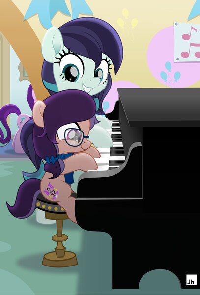Size: 2000x2947 | Tagged: safe, artist:jhayarr23, derpibooru import, coloratura, starlight glimmer, oc, oc:lavender adagio, earth pony, pony, cute, duo focus, female, filly, glasses, lesson, mare, musical instrument, ocbetes, piano, sitting, smiling, stool