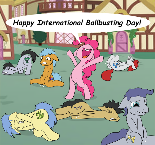 Size: 2000x1874 | Tagged: safe, artist:buttsaucer, artist:nuttyhoof, derpibooru import, felix, goldengrape, pinkie pie, sir colton vines iii, steam roller (character), strawberry cream, twisty pop, earth pony, pony, adante, ball busting, bipedal, cbt, celebration, cringing, crying, female, implied ball busting, male, mare, out of character, pain, pain star, stallion, tears of pain