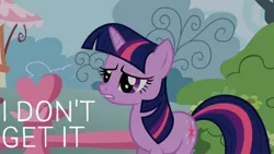 Size: 1920x1080 | Tagged: safe, derpibooru import, edit, edited screencap, editor:quoterific, screencap, twilight sparkle, pony, unicorn, applebuck season, female, i don't get it, solo, unicorn twilight