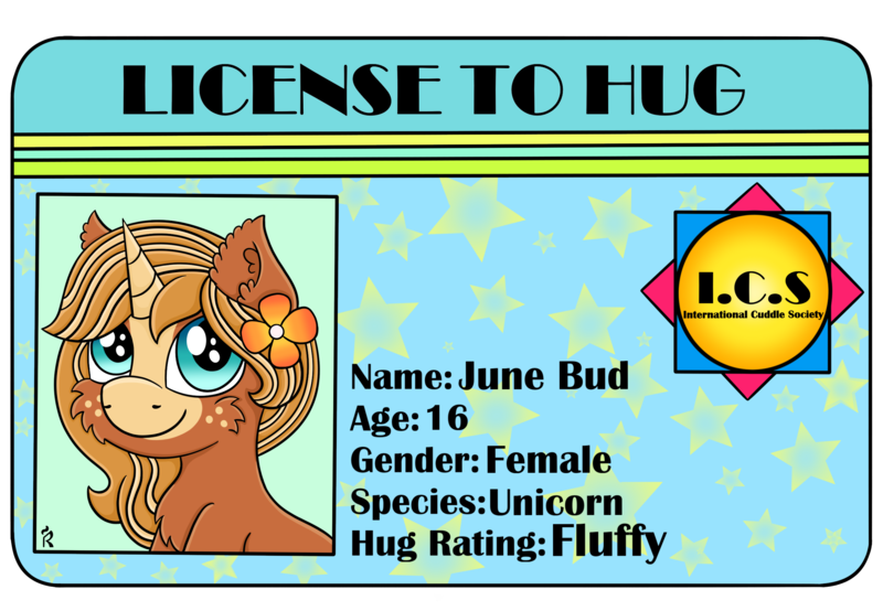 Size: 2600x1800 | Tagged: safe, artist:dawn-designs-art, derpibooru import, oc, oc:june bud, pony, unicorn, blue eyes, brown coat, coat markings, female, filly, flower, fluffy, hug, license, license to hug, solo