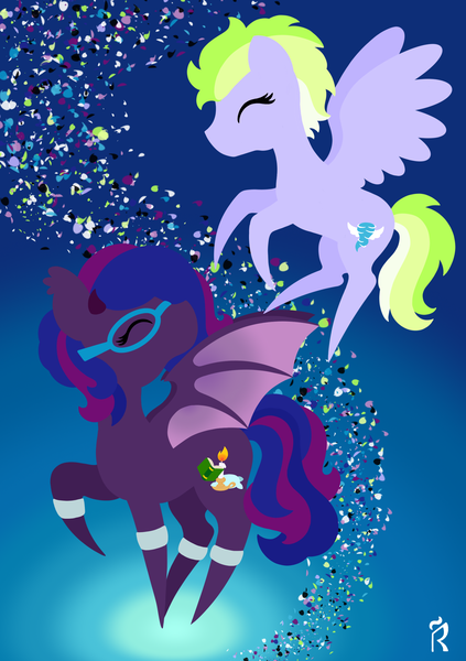 Size: 1748x2480 | Tagged: safe, artist:dawn-designs-art, derpibooru import, oc, oc:swiftwings, oc:velvet daydream, bat pony, pegasus, pony, abstract, abstract art, abstract background, closed eye, digital art, eyes closed, female, filly, happy, mare, minimalist, modern art