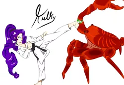 Size: 2600x1800 | Tagged: artist:kulkry, black belt, clothes, crab, derpibooru import, gi, giant crab, human, humanized, karate, kick, martial artist rarity, rarity, rarity fighting a giant crab, robe, safe, simple background, trousers, white background