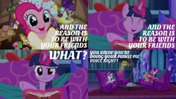 Size: 1280x720 | Tagged: safe, derpibooru import, edit, edited screencap, editor:quoterific, screencap, baroque cloak, bon bon, carrot top, evening stroll, golden harvest, lyra heartstrings, octavia melody, paraviolet, pinkie pie, spike, spirit of hearth's warming presents, starlight glimmer, sweetie drops, twilight sparkle, twilight sparkle (alicorn), vinyl scratch, alicorn, dragon, earth pony, pony, unicorn, a hearth's warming tail, confused, eyes closed, glowing horn, horn, magic, magic aura, open mouth, song