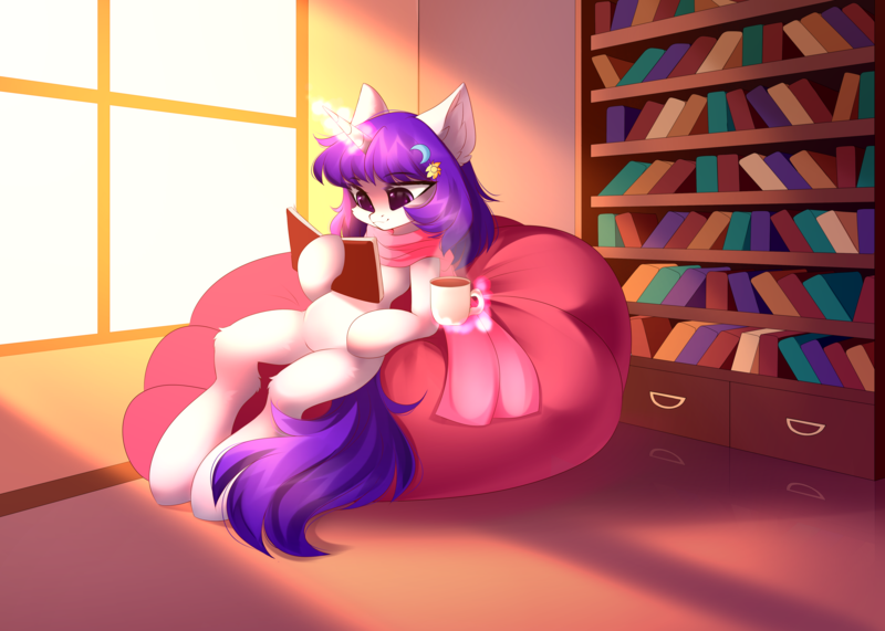 Size: 5048x3600 | Tagged: safe, alternate version, artist:airiniblock, derpibooru import, oc, oc:winter, unofficial characters only, pony, unicorn, beanbag chair, book, clothes, mug, rcf community, reading, room, scarf, solo