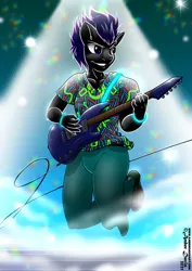 Size: 905x1280 | Tagged: safe, artist:sonicsweeti, derpibooru import, oc, unofficial characters only, anthro, earth pony, plantigrade anthro, blurred background, clothes, commission, digital art, electric guitar, grin, guitar, guitar pick, jumping, male, musical instrument, pants, playing instrument, shirt, shoes, smiling, solo, spotlight, stage, t-shirt