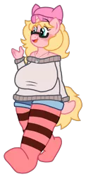 Size: 1368x2800 | Tagged: safe, artist:jario, derpibooru import, oc, oc:mille feuille, unofficial characters only, anthro, plantigrade anthro, pony, unicorn, big breasts, breasts, busty oc, chubby, clothes, digital art, freckles, glasses, hat, huge breasts, jewelry, necklace, shoulder freckles, simple background, smiling, socks, solo, striped socks, sweater, transparent background, walking