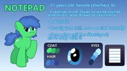 Size: 1280x720 | Tagged: safe, artist:jario, derpibooru import, oc, oc:notepad, earth pony, pony, autism, cutie mark, digital art, female, gradient background, lined paper, mare, reference sheet, smiling, smirk, solo, text