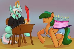 Size: 1280x845 | Tagged: safe, artist:thebigbadwolf01, derpibooru import, lyra heartstrings, oc, oc:coral leaf, earth pony, pony, unicorn, birthday, birthday cake, blushing, cake, candle, chair, clothes, commission, digital art, eyes closed, food, glowing horn, happy, hoodie, hooves, horn, magic, open mouth, quill, sitting, table, tail, walking, writing