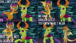 Size: 2000x1125 | Tagged: safe, derpibooru import, edit, edited screencap, editor:quoterific, screencap, ocellus, smolder, thorax, twilight sparkle, twilight sparkle (alicorn), alicorn, changedling, changeling, dragon, pony, uprooted, disguise, disguised changeling, dragon ocellus, dragoness, female, grin, king thorax, male, nervous, nervous grin, open mouth, smiling