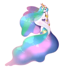 Size: 2425x2202 | Tagged: safe, artist:silverjikukiramoto, derpibooru import, princess celestia, alicorn, seapony (g4), clothes, colored wings, crown, deviantart watermark, ethereal mane, eyelashes, female, fin wings, fish tail, flowing mane, flowing tail, hoof shoes, horn, jewelry, obtrusive watermark, purple eyes, regalia, seaponified, seapony celestia, see-through, signature, simple background, solo, species swap, starry mane, tail, watermark, wings