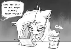 Size: 2715x1896 | Tagged: safe, artist:bunchedupletters, derpibooru import, fluttershy, pegasus, pony, bags under eyes, bed hair, black and white, blatant lies, coffee, coffee cup, cup, digital art, gamershy, grayscale, monochrome, mouth hold, nintendo ds, nintendogs, offscreen character, playing, solo, speech bubble, stylus, table, text, tired, video game