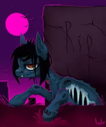 Size: 2500x3000 | Tagged: semi-grimdark, artist:ropybat, derpibooru import, oc, ponified, ponified:oliver sykes, earth pony, pony, undead, zombie, zombie pony, bone, bring me the horizon, commission, fangs, glasgow smile, grass, grave, gravestone, male, ribs, scar, solo, stallion, stitches, tattoo, ych result