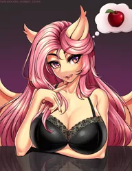 Size: 2258x2940 | Tagged: suggestive, artist:anxiety-chan, derpibooru import, fluttershy, anthro, bat pony, absolute cleavage, apple, bat ponified, big breasts, bra, breasts, busty fluttershy, cleavage, clothes, fangs, female, flutterbat, food, licking, licking lips, race swap, solo, tongue out, underwear, wings