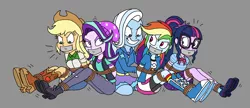 Size: 2314x996 | Tagged: safe, artist:bugssonicx, derpibooru import, applejack, rainbow dash, sci-twi, starlight glimmer, trixie, twilight sparkle, equestria girls, applejack's hat, applesub, arm behind back, beanie, bondage, boots, bound and gagged, clothes, cowboy boots, cowboy hat, dashsub, duct tape, female, femsub, gag, hat, image, png, rope, rope bondage, shoes, sublight glimmer, submissive, tape, tape gag, tied up, twisub, tying