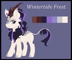 Size: 1280x1060 | Tagged: safe, artist:ladyenfield, derpibooru import, kirin oc, oc, oc:wintertide frost, unofficial characters only, kirin, antagonist, big ears, bio, cloven hooves, cute, emotionless, female, leonine tail, looking at you, mane, oc villain, reference sheet, simple background, solo