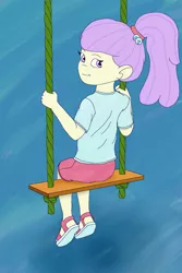 Size: 1500x2250 | Tagged: safe, artist:tahublade7, derpibooru import, lily pad (equestria girls), equestria girls, clothes, looking at you, ponytail, sandals, shirt, shorts, solo, swing, t-shirt