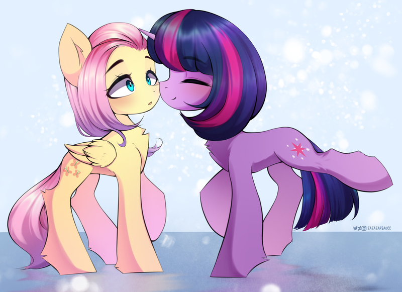 Size: 2487x1806 | Tagged: safe, artist:tatar.sauce, derpibooru import, fluttershy, twilight sparkle, pegasus, pony, unicorn, boop, female, lesbian, mare, shipping, twishy