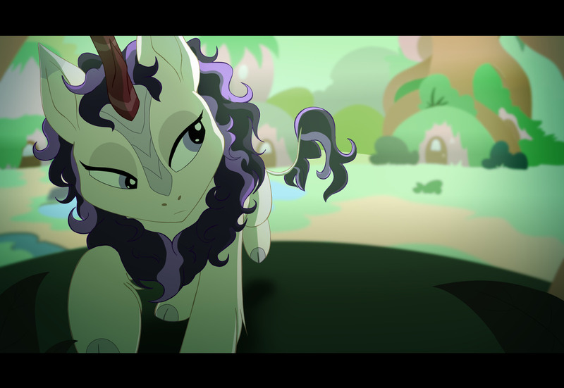 Size: 1280x881 | Tagged: antagonist, artist:ladyenfield, big ears, cloven hooves, derpibooru import, kirin, kirin oc, kirin village, leonine tail, looking back, mane, oc, oc:wintertide frost, raised hoof, safe, solo, unofficial characters only, walking