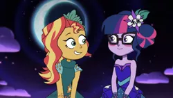 Size: 640x360 | Tagged: safe, artist:entraptology, derpibooru import, edit, edited screencap, screencap, sci-twi, sunset shimmer, twilight sparkle, equestria girls, legend of everfree, amity blight, bare shoulders, blushing, clothes, cute, dress, duo, duo female, female, flower, flower in hair, gala dress, glasses, lesbian, luz noceda, moon, night, scitwishimmer, shipping, sleeveless, strapless, sunsetsparkle, the owl house